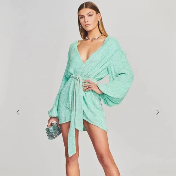 Retrofte Gabrielle Metallic Long Sleeve Wrap Dress in Aqua